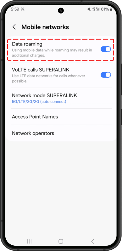 11. Switch ON “Data Roaming”